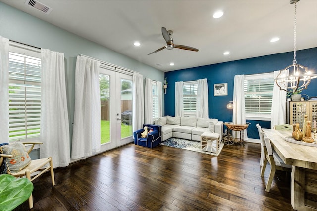 2013 Schweikhardt St, Houston, TX 77020 - living area featuring a chandelier, french doors, wood-type flooring, ceiling fan, and recessed lighting