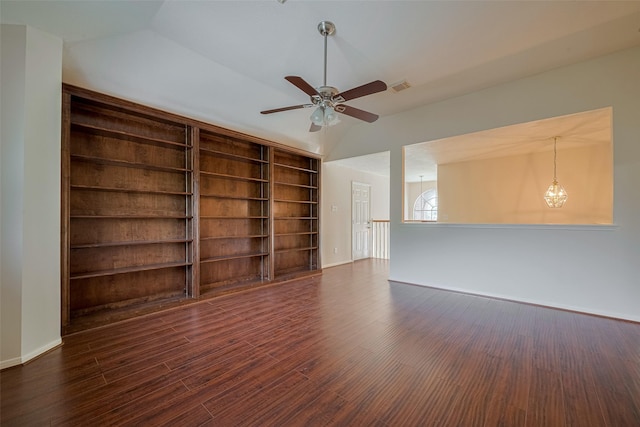 619 Bending Bough Dr, Spring, TX 77388 - empty room with dark wood-style floors, ceiling fan, and vaulted ceiling