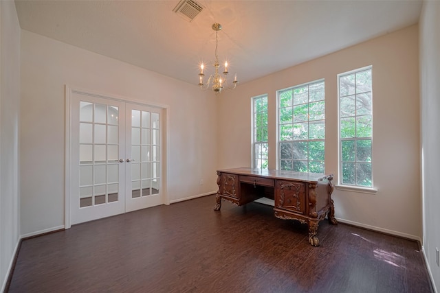 619 Bending Bough Dr, Spring, TX 77388 - home office featuring dark wood-style flooring, french doors, and a chandelier
