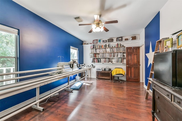 19426 Indigo Lake Dr, Magnolia, TX 77355 - office area with a ceiling fan and wood finished floors