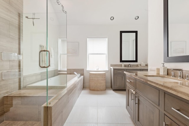 6006 Matthew Oaks Pl, Houston, TX 77007 - full bathroom with vanity, a stall shower, a bath, and tile patterned flooring
