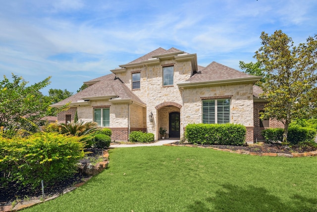 27016 Hidden Grove Landing Dr, Spring, TX 77386 - french country style house with stone siding, a front lawn, and a shingled roof