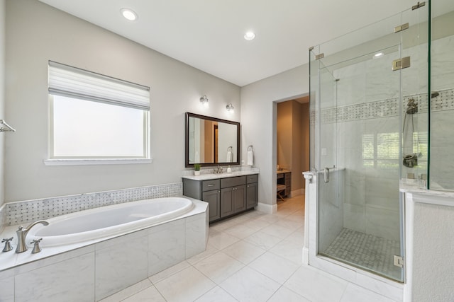 27016 Hidden Grove Landing Dr, Spring, TX 77386 - full bathroom featuring vanity, a garden tub, a stall shower, and tile patterned flooring