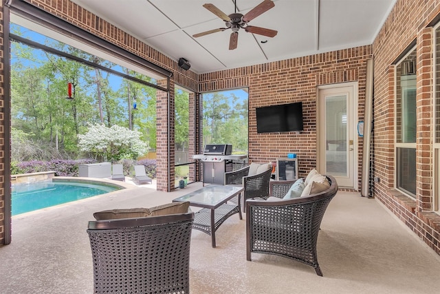27016 Hidden Grove Landing Dr, Spring, TX 77386 - view of patio / terrace featuring a ceiling fan, area for grilling, and an outdoor pool
