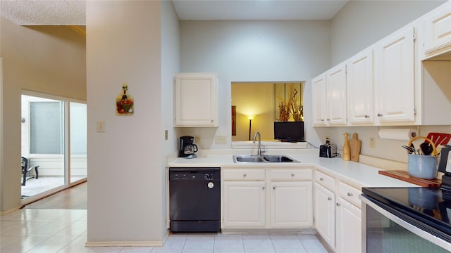 3011 Flower Field Ln, Pearland, TX 77584 - kitchen featuring dishwasher, light tile patterned floors, white cabinets, and a high ceiling