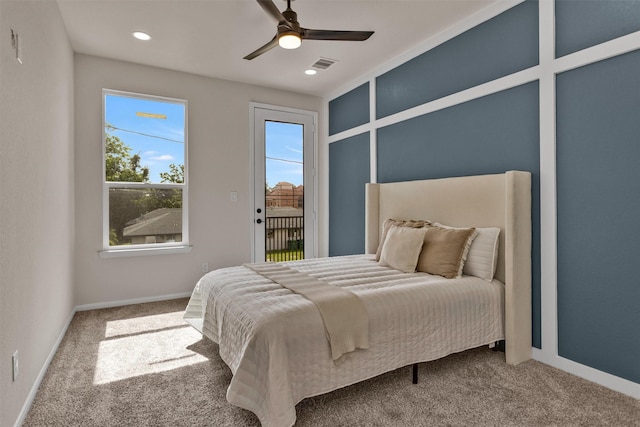 2413 Harlem St, Houston, TX 77020 - carpeted bedroom with access to outside, a ceiling fan, and recessed lighting