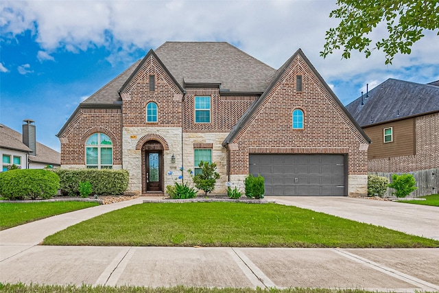 6518 Nicholas Trl, Sugar Land, TX 77479 - view of front of home with brick siding, a front lawn, stone siding, and driveway