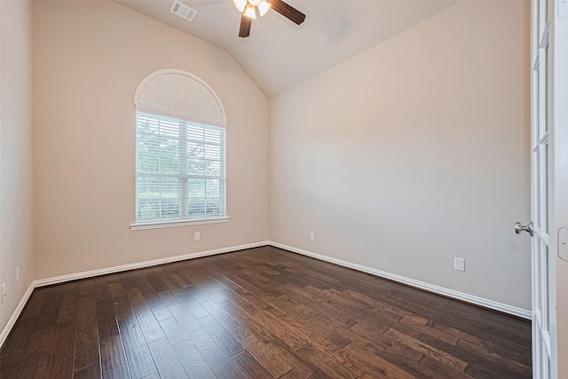 6518 Nicholas Trl, Sugar Land, TX 77479 - unfurnished room with a ceiling fan, vaulted ceiling, and dark wood finished floors