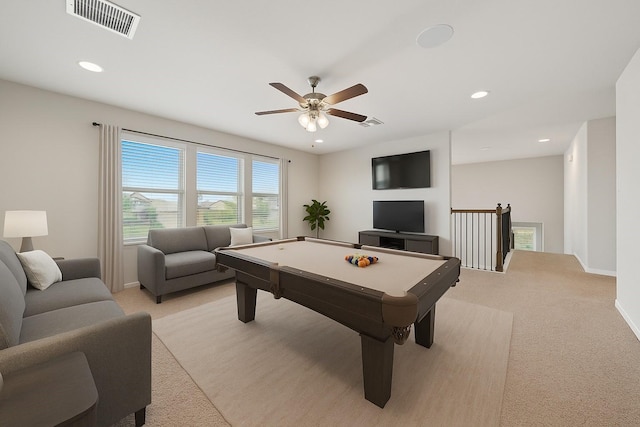 28746 Pearl Bridge Ln, Katy, TX 77494 - recreation room featuring light colored carpet, billiards, a ceiling fan, and recessed lighting