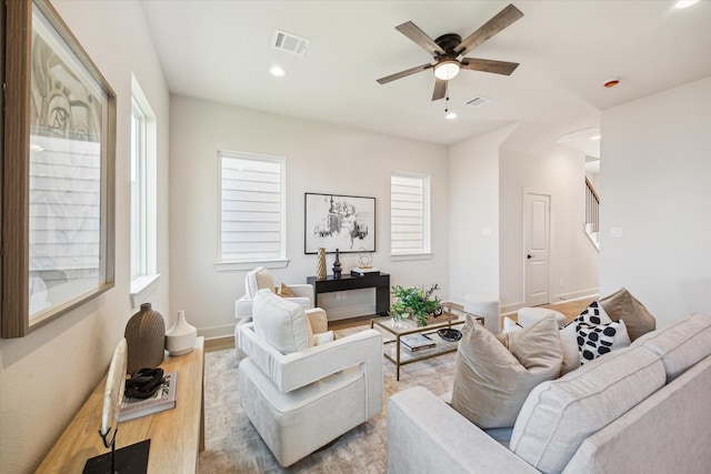 5256 Texas St, Houston, TX 77011 - living room featuring a ceiling fan, wood finished floors, and recessed lighting