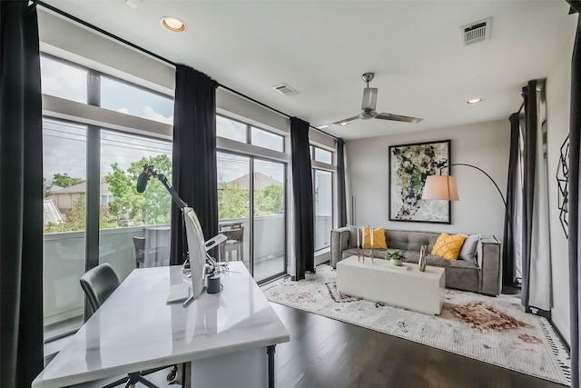 1906 Park St, Houston, TX 77019 - home office featuring a ceiling fan, wood finished floors, and recessed lighting