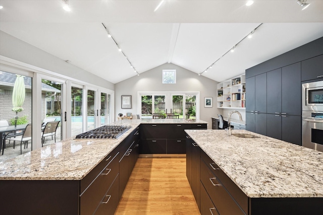 5171 Jason St, Houston, TX 77096 - kitchen with track lighting, a spacious island, stainless steel appliances, light wood-style flooring, and lofted ceiling
