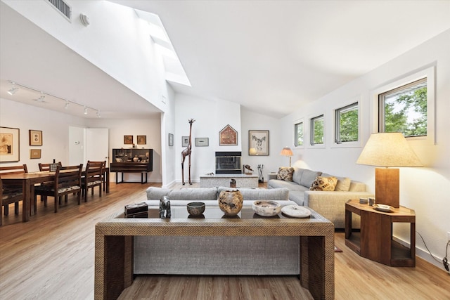 5171 Jason St, Houston, TX 77096 - living area with light wood-type flooring, rail lighting, and high vaulted ceiling