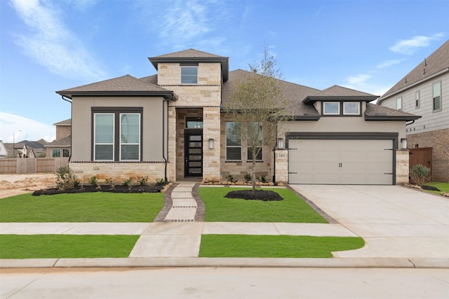 12814 Forest Garden Ct, Conroe, TX 77302 - prairie-style home featuring stone siding, driveway, roof with shingles, and stucco siding