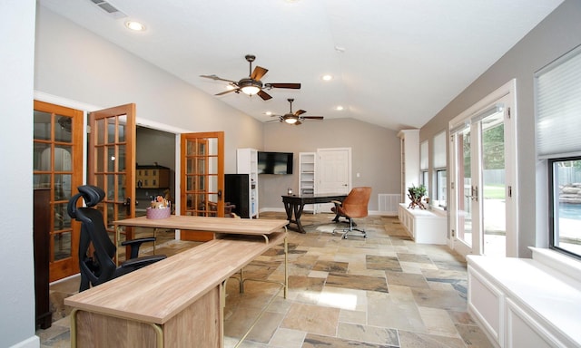 2102 Candy St, Pinehurst, TX 77362 - office with french doors, stone tile flooring, ceiling fan, lofted ceiling, and recessed lighting