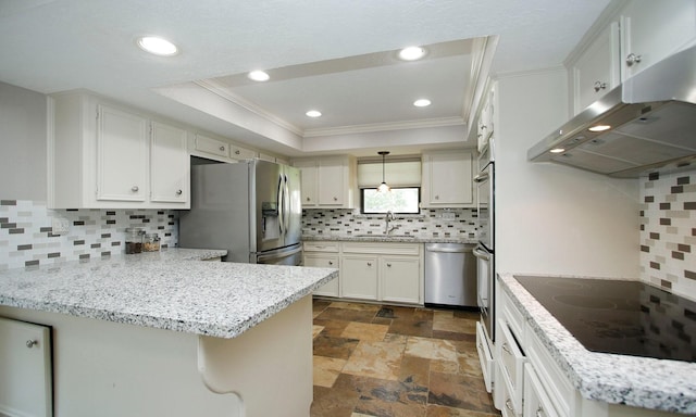 2102 Candy St, Pinehurst, TX 77362 - kitchen with stainless steel appliances, under cabinet range hood, crown molding, backsplash, and a tray ceiling
