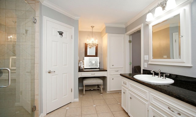 2102 Candy St, Pinehurst, TX 77362 - bathroom featuring a stall shower, vanity, tile patterned floors, ornamental molding, and a chandelier