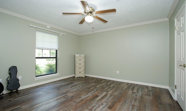 2102 Candy St, Pinehurst, TX 77362 - unfurnished bedroom with dark wood finished floors, a textured ceiling, ornamental molding, and ceiling fan