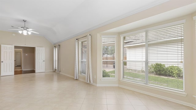 9138 Shango Ln, Houston, TX 77095 - empty room with crown molding, a ceiling fan, lofted ceiling, and light tile patterned floors