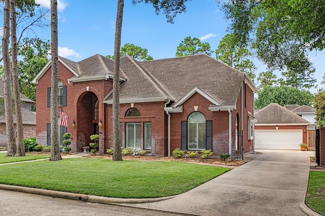 12927 Finch Brook Dr, Cypress, TX 77429 - traditional-style house featuring roof with shingles, brick siding, a front yard, and a garage