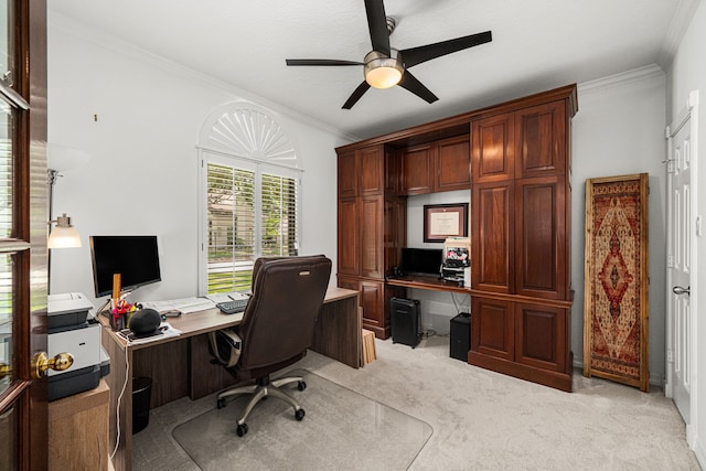 12927 Finch Brook Dr, Cypress, TX 77429 - home office featuring crown molding, a ceiling fan, and light colored carpet