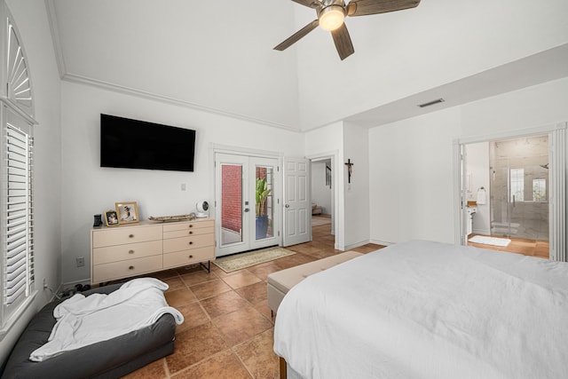 12927 Finch Brook Dr, Cypress, TX 77429 - bedroom with high vaulted ceiling, access to outside, ensuite bathroom, and ceiling fan