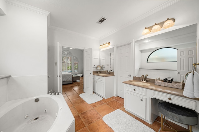 12927 Finch Brook Dr, Cypress, TX 77429 - ensuite bathroom featuring crown molding, a jetted tub, and vanity