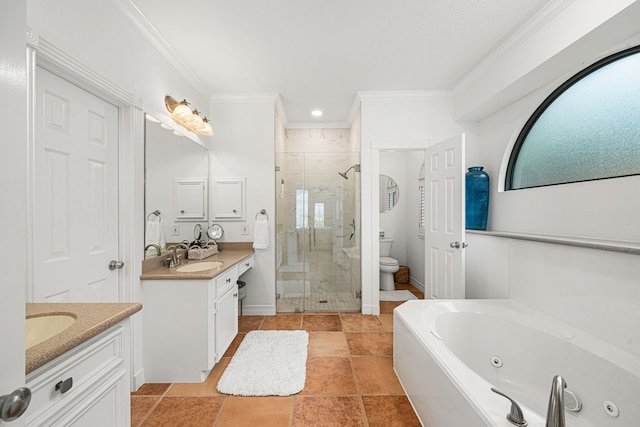 12927 Finch Brook Dr, Cypress, TX 77429 - bathroom with two vanities, a stall shower, a whirlpool tub, and crown molding