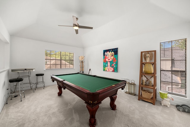 12927 Finch Brook Dr, Cypress, TX 77429 - game room with lofted ceiling, carpet floors, ceiling fan, and billiards