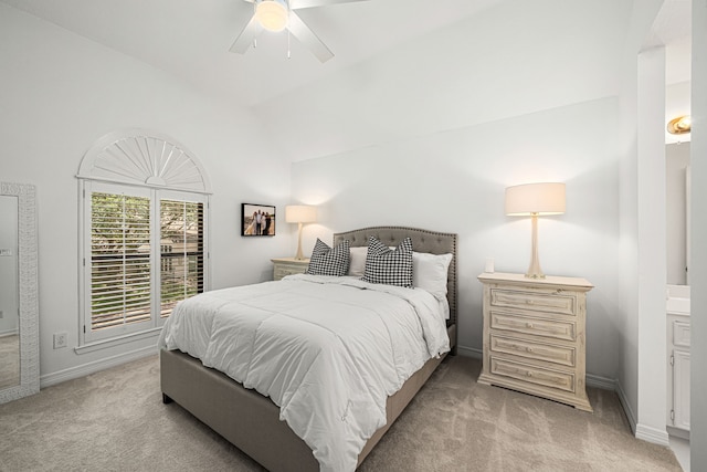12927 Finch Brook Dr, Cypress, TX 77429 - bedroom featuring light colored carpet, lofted ceiling, access to outside, and a ceiling fan