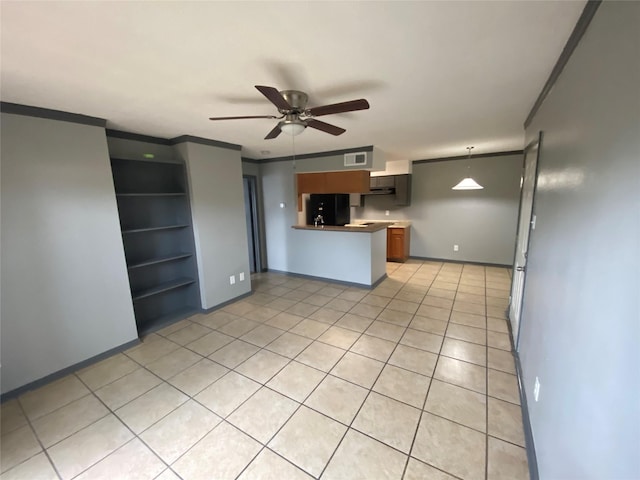 12955 Woodforest Blvd Unit 3, Houston, TX 77015 - kitchen featuring refrigerator, a ceiling fan, light tile patterned flooring, a peninsula, and open shelves