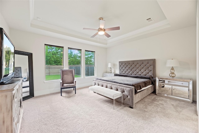 19011 Festival Hill Ct, Cypress, TX 77433 - bedroom featuring a tray ceiling, light carpet, ceiling fan, and ornamental molding