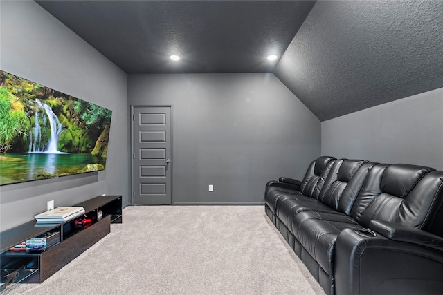 19011 Festival Hill Ct, Cypress, TX 77433 - cinema room with a textured ceiling, carpet floors, lofted ceiling, and recessed lighting