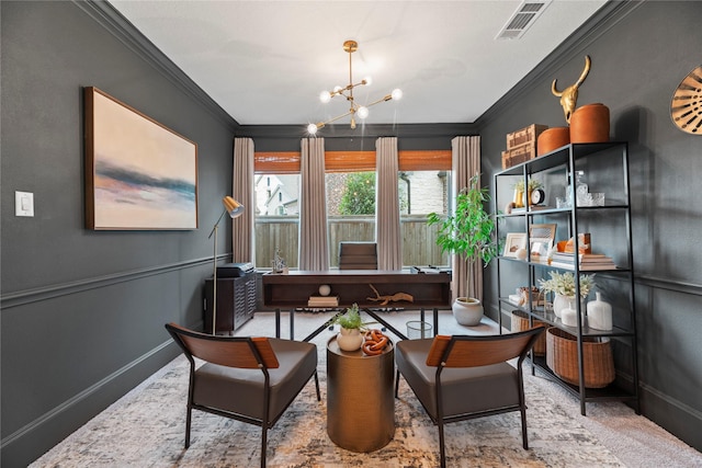 19011 Festival Hill Ct, Cypress, TX 77433 - carpeted home office featuring crown molding and a chandelier