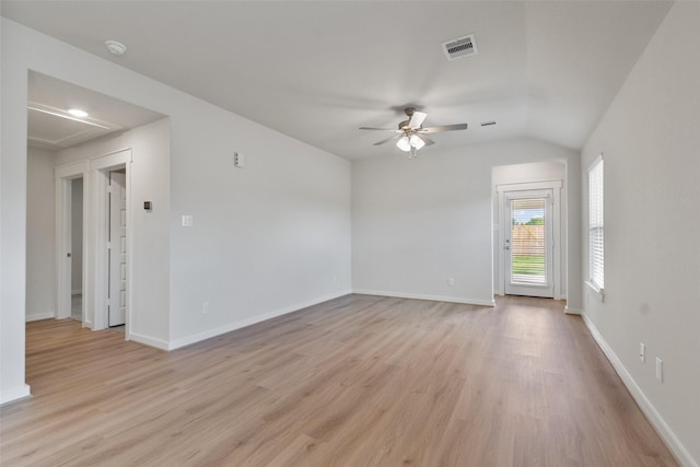 2971 Colonia Blossom Ln, Pinehurst, TX 77362 - unfurnished room featuring a ceiling fan, light wood-style flooring, a smoke detector, attic access, and lofted ceiling