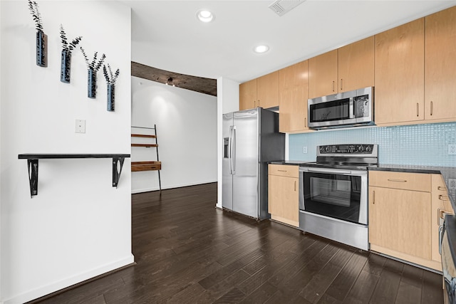 5925 Almeda Rd Unit 12403, Houston, TX 77004 - kitchen with appliances with stainless steel finishes, dark wood-type flooring, light brown cabinetry, tasteful backsplash, and recessed lighting