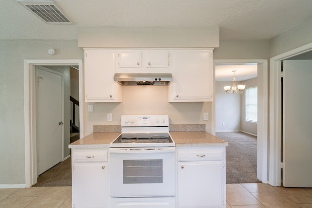 10006 Peachridge Dr, Houston, TX 77070 - kitchen with white electric range oven, wall chimney exhaust hood, light countertops, light carpet, and a textured ceiling