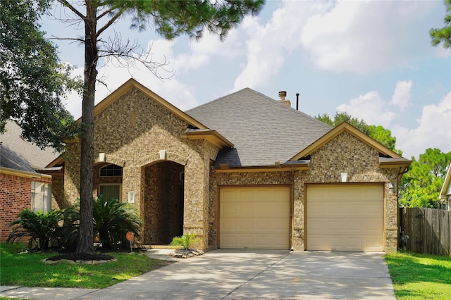 4315 Wellington Grove Ln, Katy, TX 77494 - french country style house featuring concrete driveway, a garage, brick siding, and roof with shingles