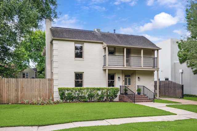 2037 Banks, Houston, TX 77098 - view of front of property featuring a balcony, roof with shingles, and a chimney