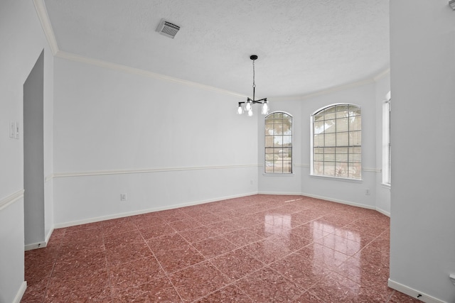 5110 Scottline Dr, Pasadena, TX 77505 - empty room featuring granite floors, a chandelier, crown molding, and a textured ceiling