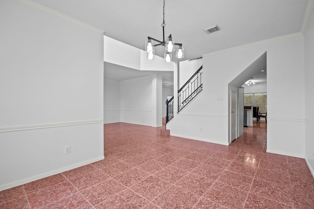 5110 Scottline Dr, Pasadena, TX 77505 - spare room featuring a chandelier, stairway, and crown molding