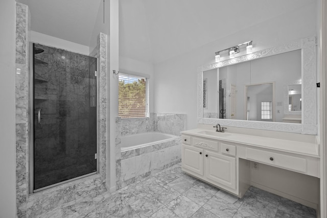 5110 Scottline Dr, Pasadena, TX 77505 - bathroom featuring a bath, a shower stall, vanity, marble look tile flooring, and vaulted ceiling