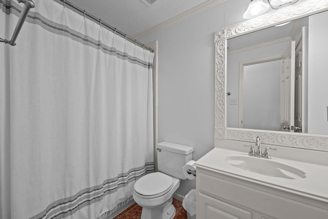 5110 Scottline Dr, Pasadena, TX 77505 - bathroom featuring crown molding, vanity, a textured ceiling, and curtained shower