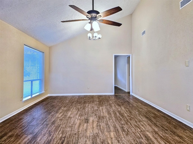 16502 Royal Mile Ln, Houston, TX 77084 - spare room featuring wood finished floors, a textured ceiling, ceiling fan, and high vaulted ceiling