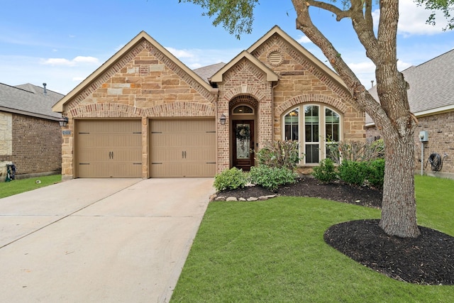 4211 Ponderosa Hills Ln, Katy, TX 77494 - french country home featuring brick siding, an attached garage, a front lawn, concrete driveway, and stone siding