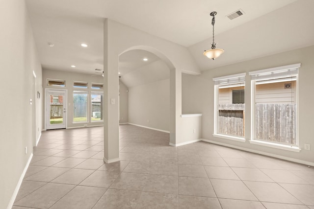 4211 Ponderosa Hills Ln, Katy, TX 77494 - unfurnished room with lofted ceiling, light tile patterned floors, a ceiling fan, arched walkways, and recessed lighting