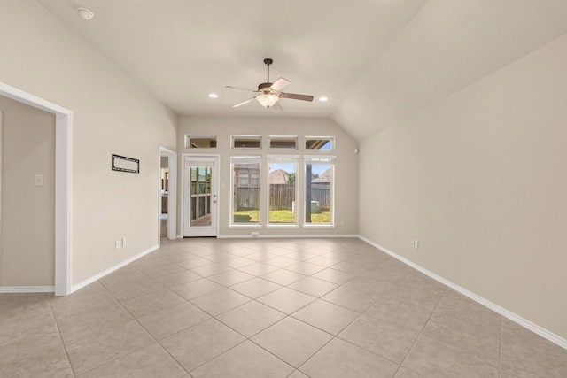 4211 Ponderosa Hills Ln, Katy, TX 77494 - empty room featuring light tile patterned flooring, a ceiling fan, recessed lighting, a smoke detector, and lofted ceiling