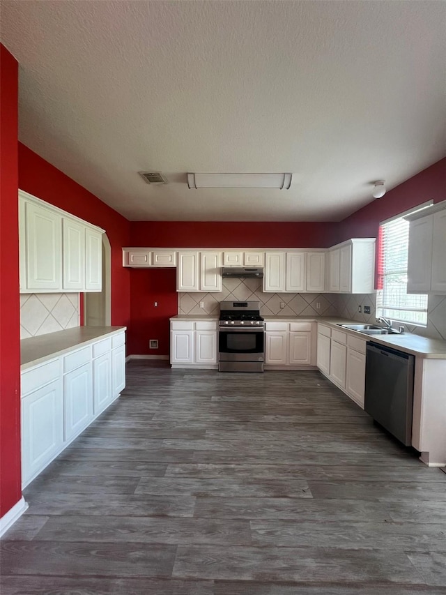 20019 Sterling Meadow Ct, Katy, TX 77449 - kitchen with appliances with stainless steel finishes, tasteful backsplash, dark wood-style floors, white cabinets, and a textured ceiling