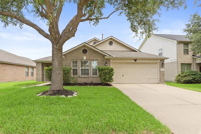 7622 Crestbrook Manor Ln, Cypress, TX 77433 - ranch-style home featuring brick siding, a garage, driveway, and a front yard