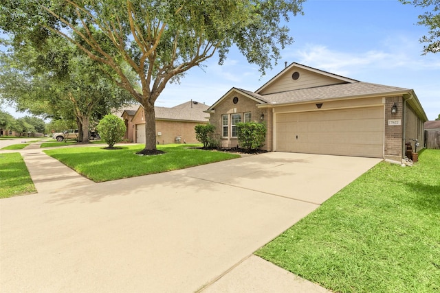 7622 Crestbrook Manor Ln, Cypress, TX 77433 - ranch-style house featuring brick siding, a garage, driveway, a front lawn, and roof with shingles
